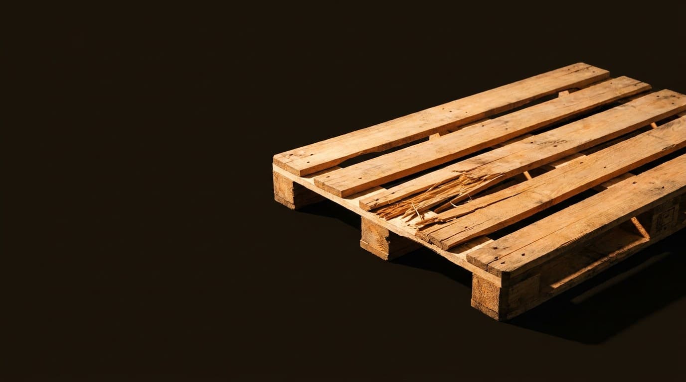 A wooden shipping pallet with one deck board splintered through, lit against a dark ground.